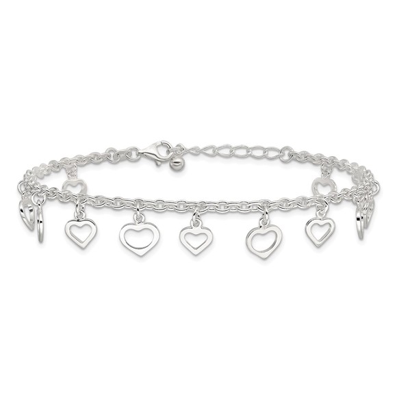 925 Sterling Silver 8 in + 1" Ext Polished Heart Charm Summer Jewelry Anklet - Picture 3 of 7